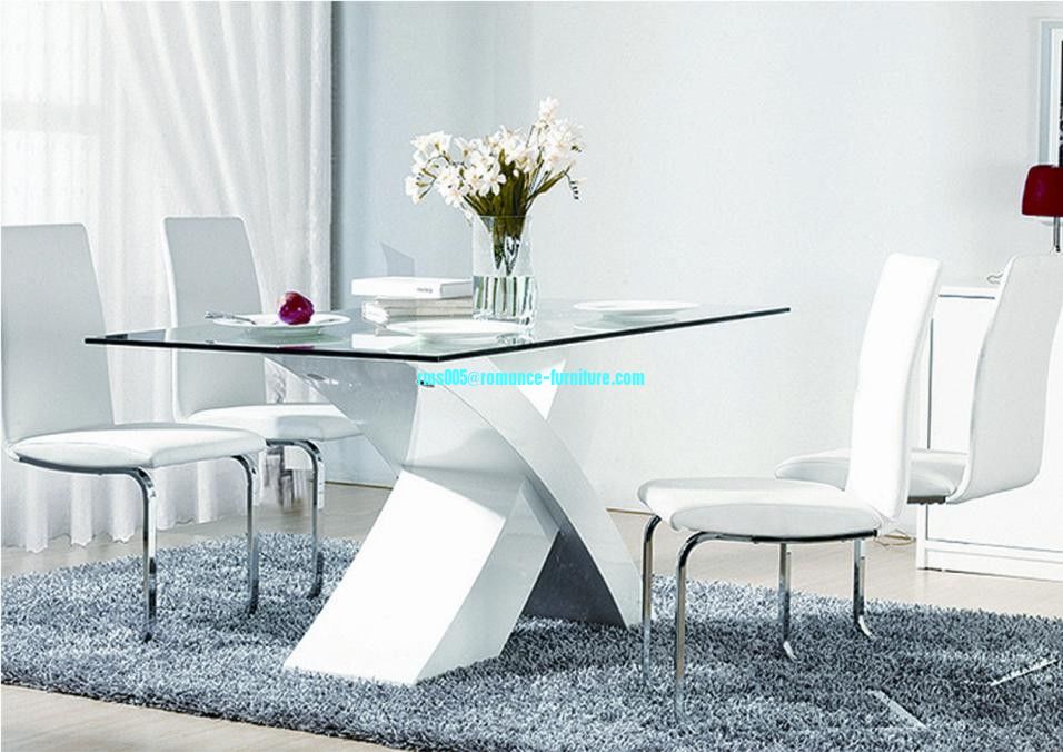 white MDF X shape base glass top table dining T103-1