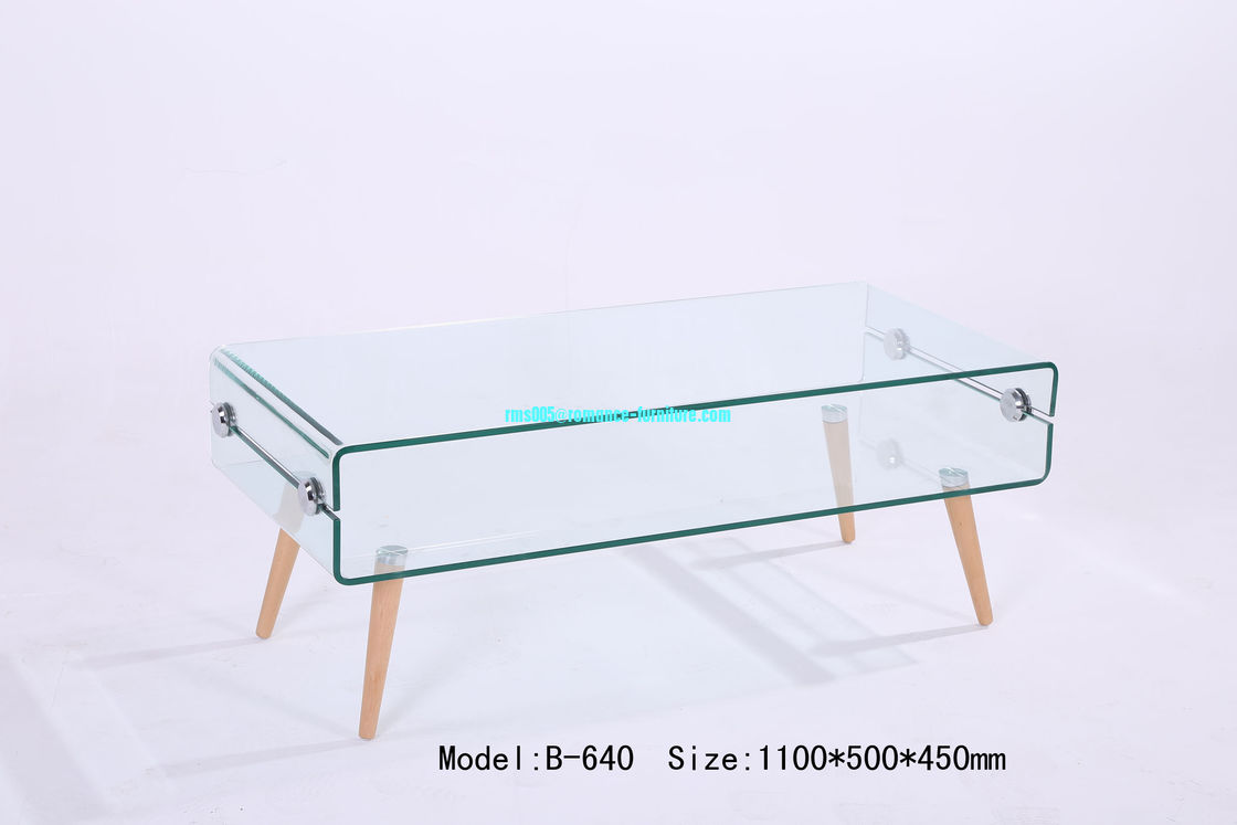 2015 hpt selling bent glass wood legs glass tea table design B640