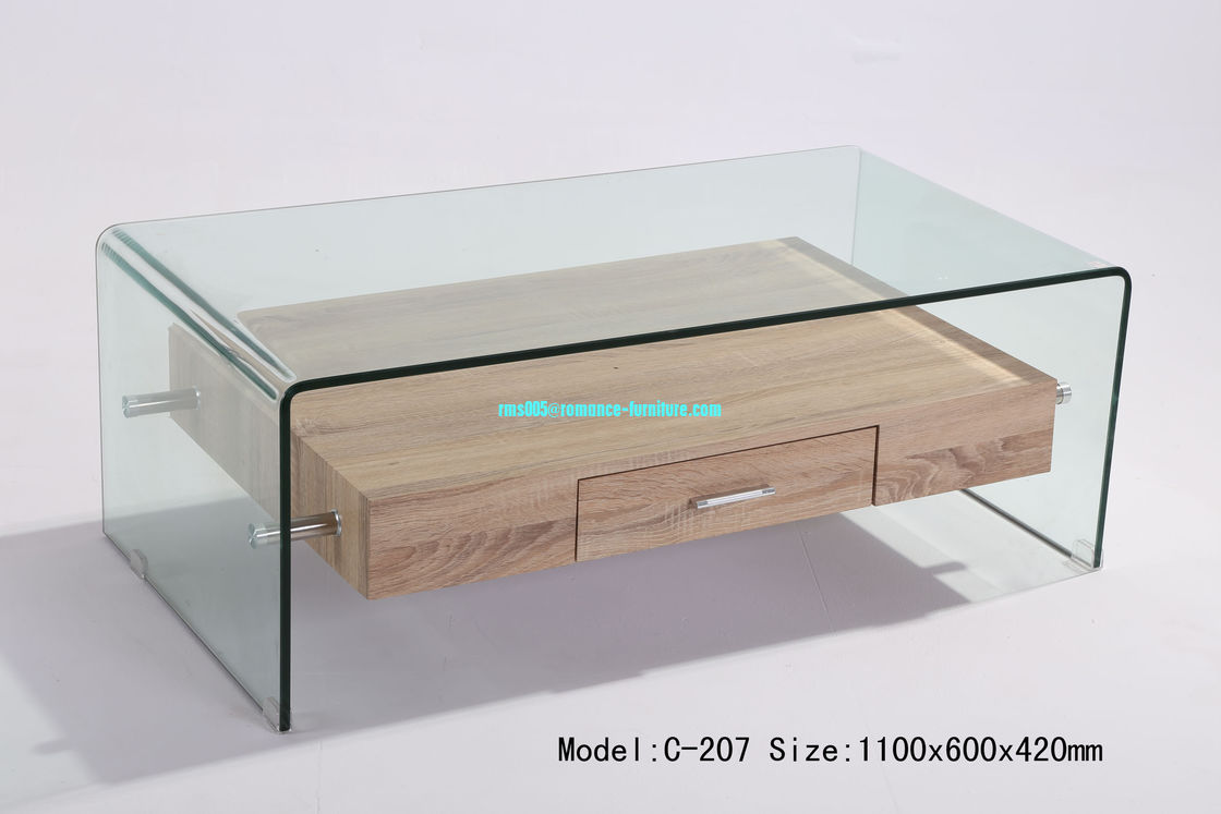 bent glass coffee table with wood drawer chinese tea table C-207
