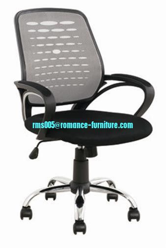 Office task chair with nylon armrest, made of mesh material and plastic back, the swivel b