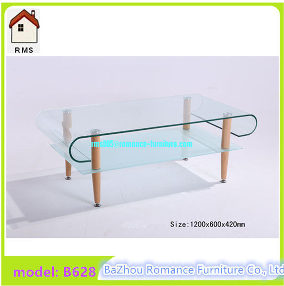 2015 new hot bending glass coffee table wood legs glass coffee table B628